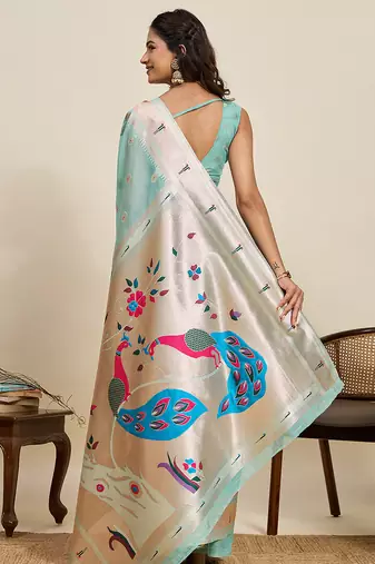sea green cotton art silk blend wevon meenakari ceremonial saree