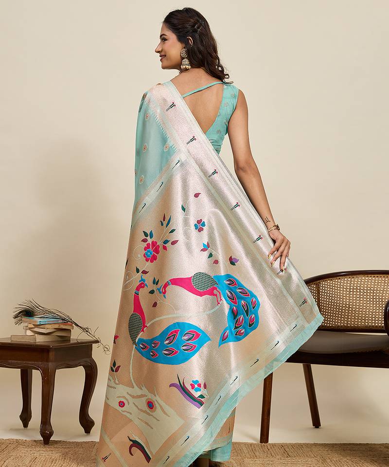 sea green color cotton art silk fabric wevon meenakari designer ceremonial saree