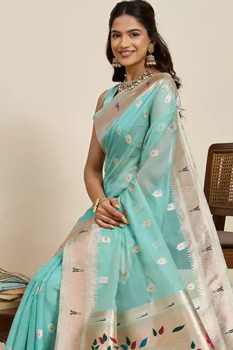 sea green cotton art silk blend wevon meenakari ceremonial saree
