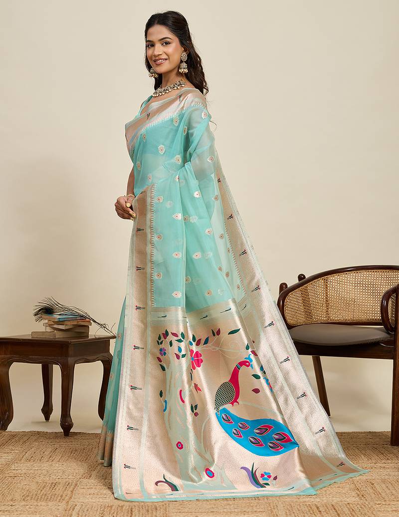 sea green color cotton art silk fabric wevon meenakari designer ceremonial saree