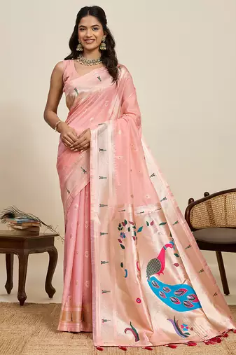 pink color cotton art silk fabric wevon meenakari designer ceremonial saree