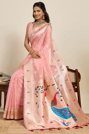 pink cotton art silk blend wevon meenakari ceremonial saree