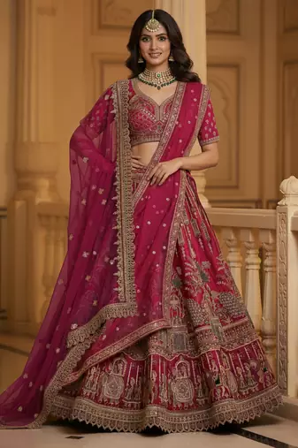 Attractive Rasberry Pink Handwork Motif, Handwork Beads, Multi Thread, Dori, and Sequin Embroidered Silk Wedding Lehenga