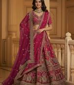 Attractive Rasberry Pink Handwork Motif, Handwork Beads, Multi Thread, Dori, and Sequin Embroidered Silk Wedding Lehenga