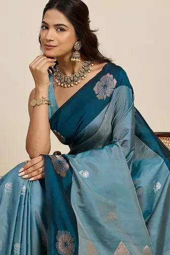 blue soft art silk blend woven zari ethnic indian saree