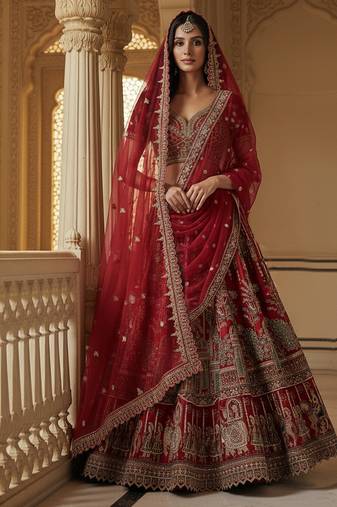 Captivating Red Handwork Motif, Handwork Beads, Multi Thread, Dori, and Sequin Embroidered Silk designer lehenga choli