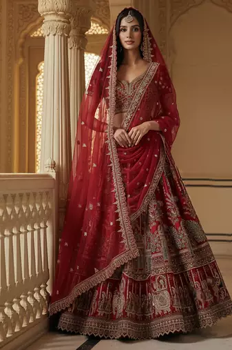 Captivating Red Handwork Motif, Handwork Beads, Multi Thread, Dori, and Sequin Embroidered Silk designer lehenga choli
