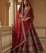 Captivating Red Handwork Motif, Handwork Beads, Multi Thread, Dori, and Sequin Embroidered Silk designer lehenga choli
