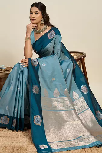 blue soft art silk blend woven zari ethnic indian saree