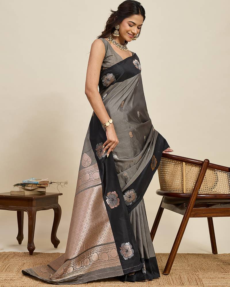 grey color soft art silk fabric woven jari designer ethnic indian saree