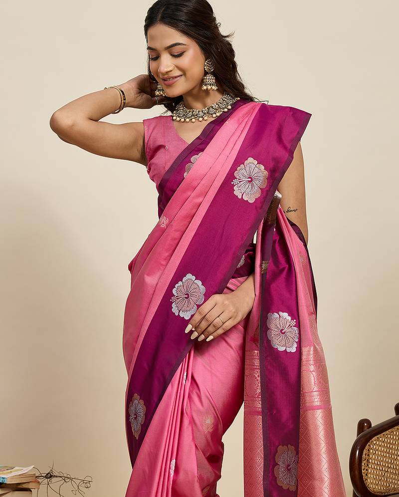 pink color soft art silk fabric woven jari designer ethnic indian saree