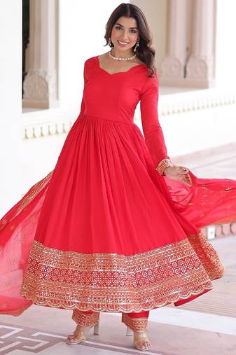 Red Vichitra Silk Embroidered Gown for Women with Sequins Work & Lace Border | Matching Heavy Dupatta