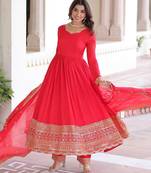 Red Vichitra Silk Embroidered Gown for Women with Sequins Work & Lace Border | Matching Heavy Dupatta