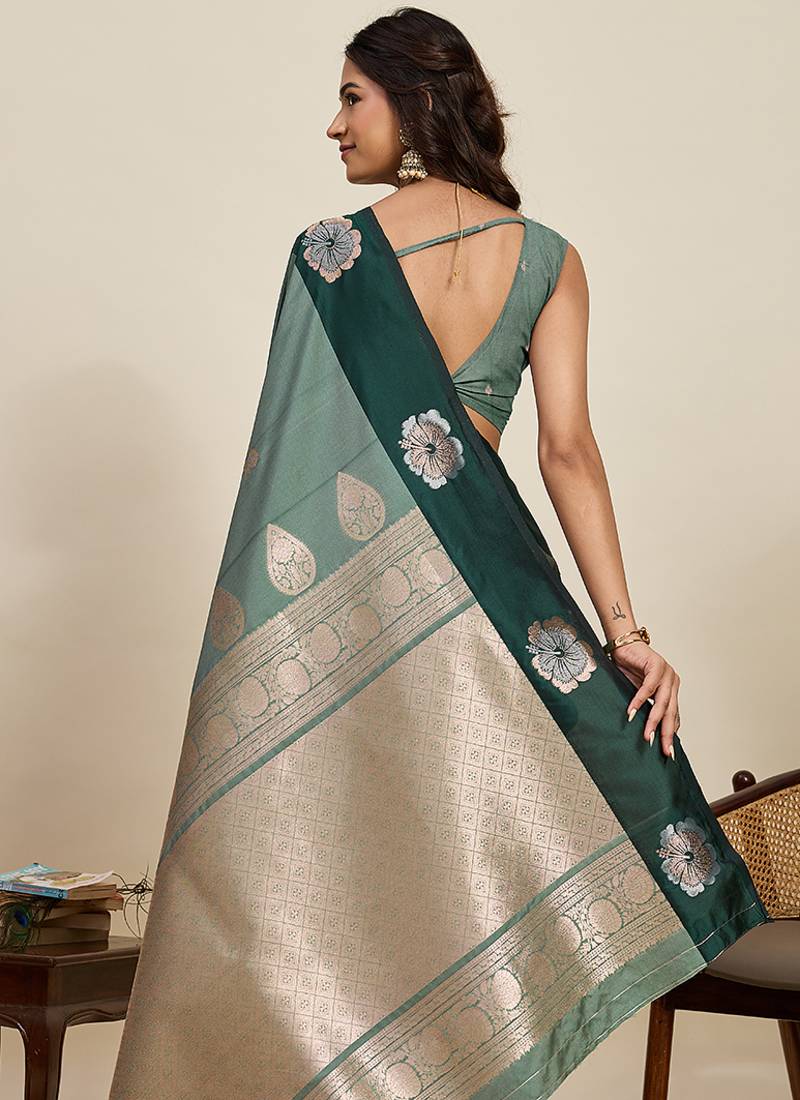 green color soft art silk fabric woven jari designer ethnic indian saree