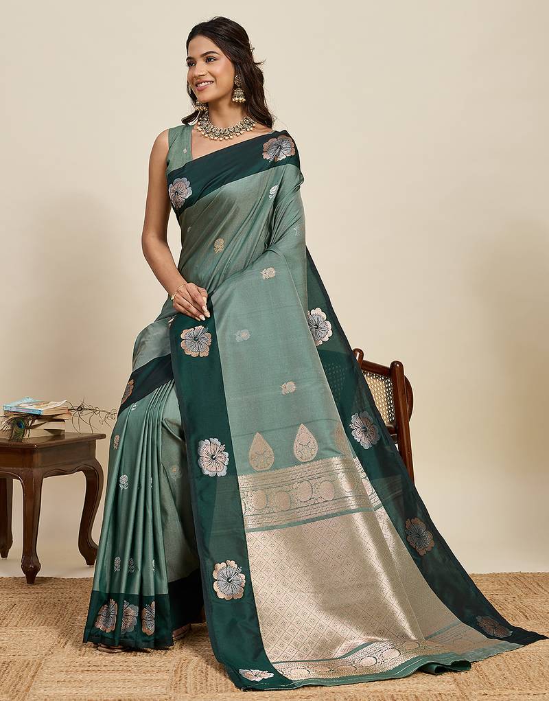 green color soft art silk fabric woven jari designer ethnic indian saree