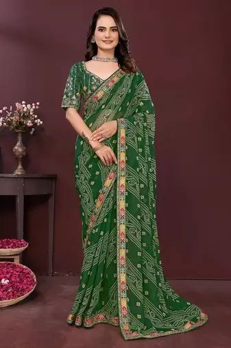 green color georgette fabric bandhej printed traditional saree