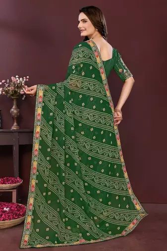 green georgette bandhej printed traditional saree