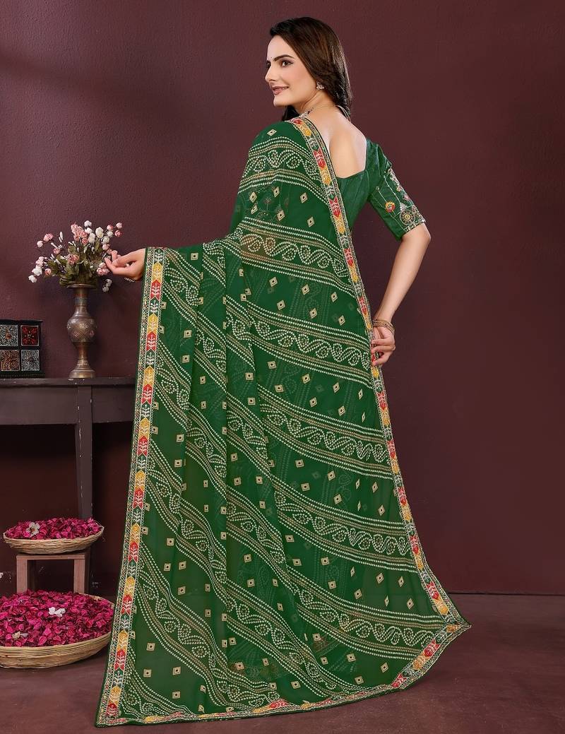 green color georgette fabric bandhej printed traditional saree