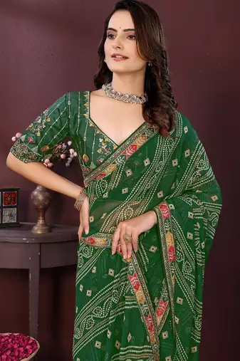 green georgette bandhej printed traditional saree