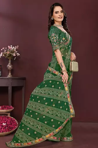 green georgette bandhej printed traditional saree