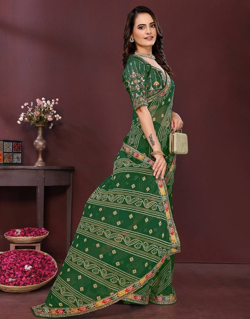 green color georgette fabric bandhej printed traditional saree