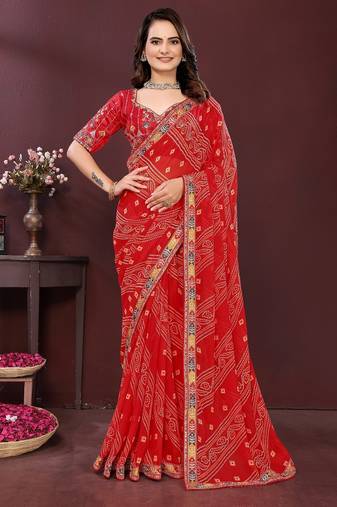 red color georgette fabric bandhej printed traditional saree