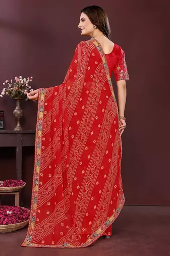 red georgette bandhej printed traditional saree