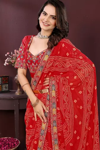 red georgette bandhej printed traditional saree