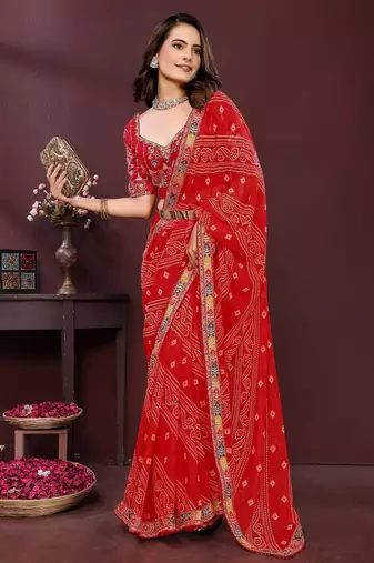 red georgette bandhej printed traditional saree