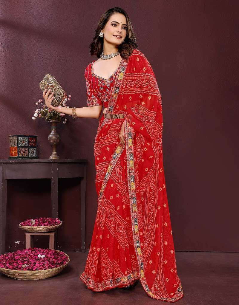 red color georgette fabric bandhej printed traditional saree