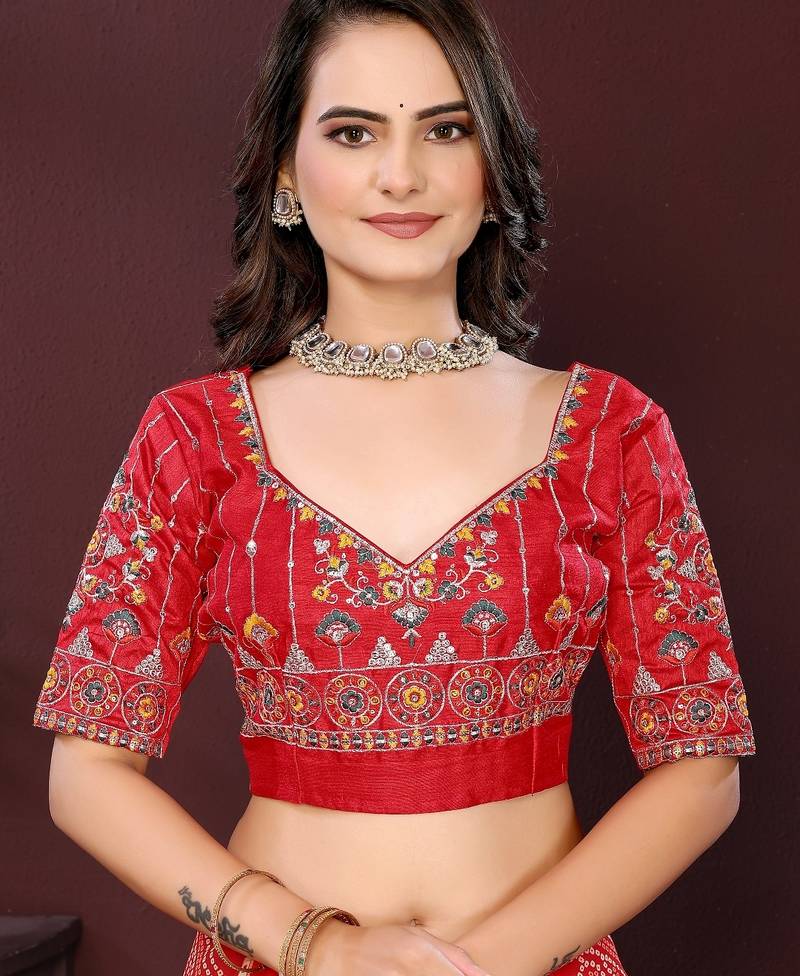 red color georgette fabric bandhej printed traditional saree