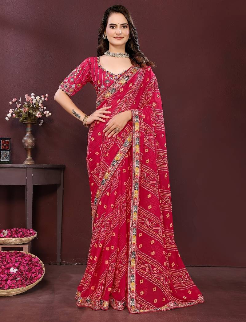 pink color georgette fabric bandhej printed traditional saree