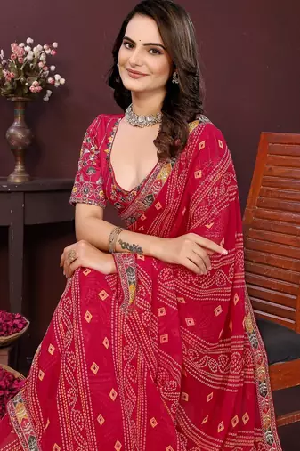 pink georgette bandhej printed traditional saree