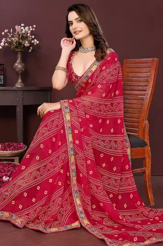 pink georgette bandhej printed traditional saree