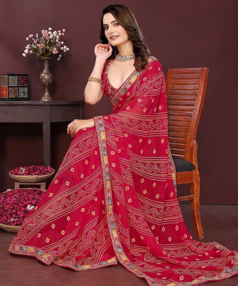 pink color georgette fabric bandhej printed traditional saree