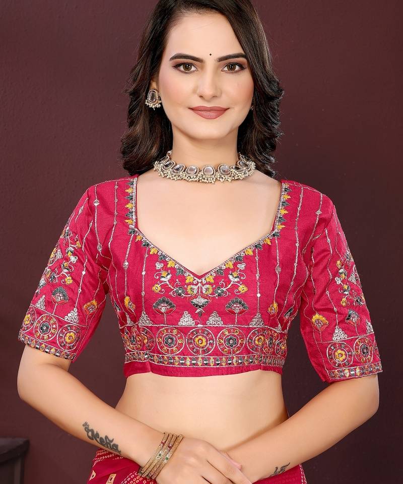 pink color georgette fabric bandhej printed traditional saree