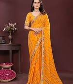 yellow color georgette fabric bandhej printed traditional saree