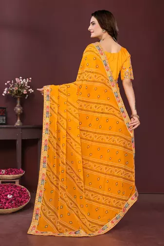 yellow georgette bandhej printed traditional saree