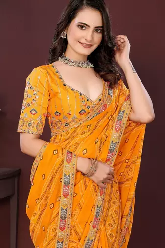yellow georgette bandhej printed traditional saree