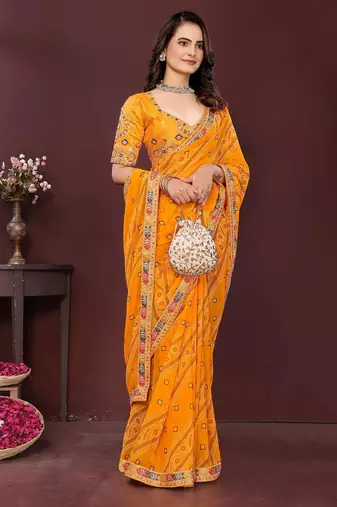 yellow georgette bandhej printed traditional saree