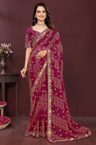 wine color georgette fabric bandhej printed traditional saree