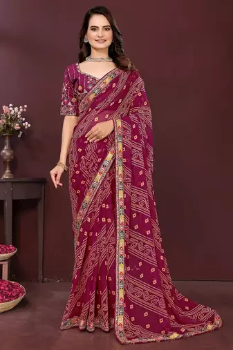 wine color georgette fabric bandhej printed traditional saree