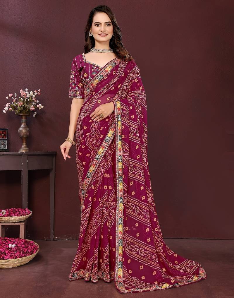 wine color georgette fabric bandhej printed traditional saree