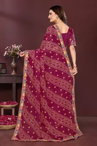 wine georgette bandhej printed traditional saree