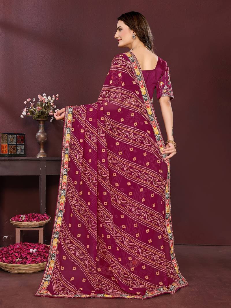 wine color georgette fabric bandhej printed traditional saree
