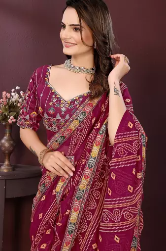 wine georgette bandhej printed traditional saree