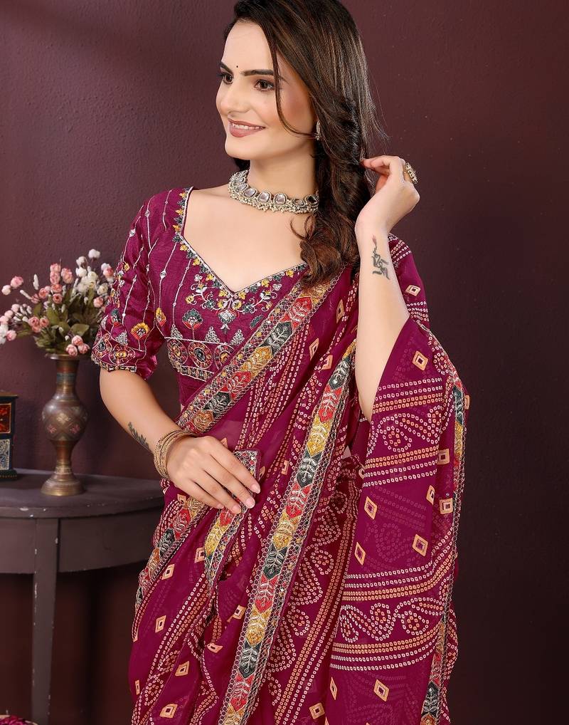 wine color georgette fabric bandhej printed traditional saree