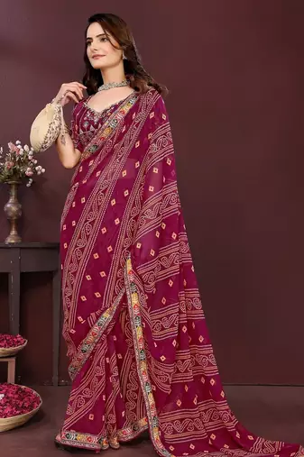 wine georgette bandhej printed traditional saree