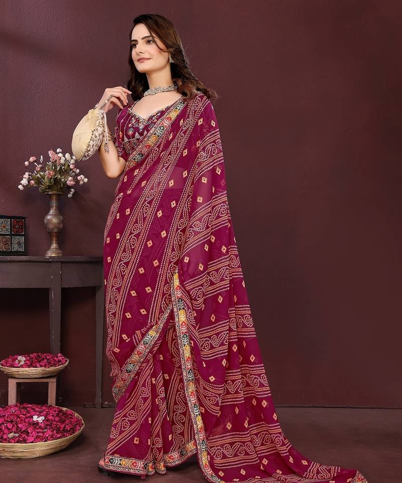 wine color georgette fabric bandhej printed traditional saree