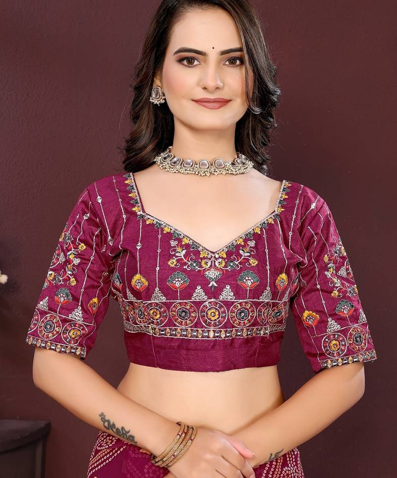 wine color georgette fabric bandhej printed traditional saree